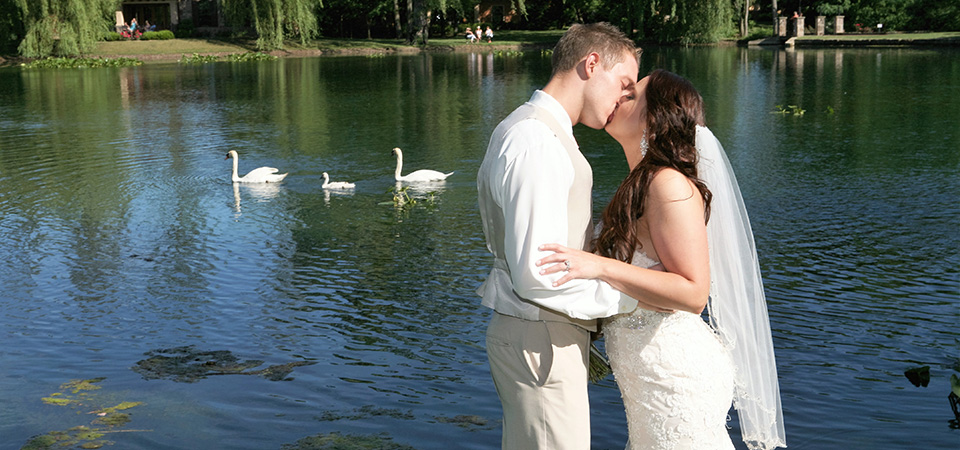 Photo of couple kissing by the lake